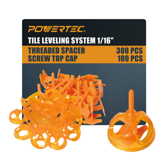 POWERTEC Tile Leveling System Kit - 1/16" Spacer Clips & Patent-Pending Reusable Ergonomic Twist Caps, Lippage-Free Tile Installation, 400 Pieces (72109)