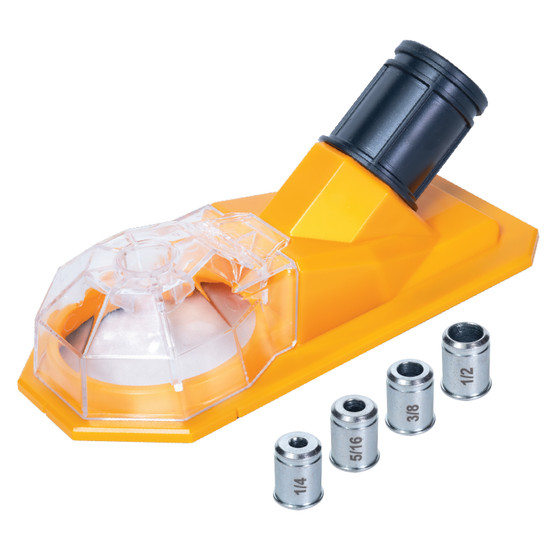 POWERTEC Drill Dust Collection Base with Suction Mount and 4 Interchangeable Drill Guide Bushings "1/4", "5/16", "3/8", "1/2" – Works with POWERTEC Hose Kits – Supports Hole Size Up to 2-5/8" (70450)-01