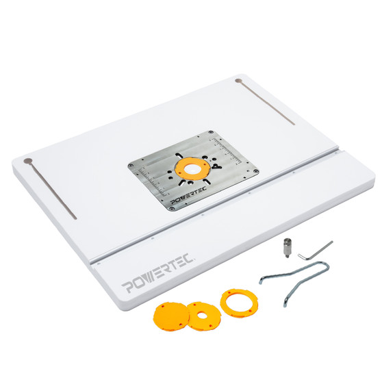 POWERTEC Benchtop Router Table and Adjustable Fence Set – 24" x 32" Laminated MDF Top, Aluminum Insert Plate, 2-1/2” Dust Port, Reducer Rings, Bit Guard, Fence Stop and Featherboard (71964)-01