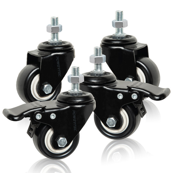 POWERTEC 2 Inch Caster Wheels Set of 4, 3/8"-16 x 1 Stem Casters - 2 Casters W/Dual Locking Break - Heavy Duty 350 lbs, 360° Swivel, PU Castor Wheels for Furniture, Carts, Trolleys, Toolboxes (17220)