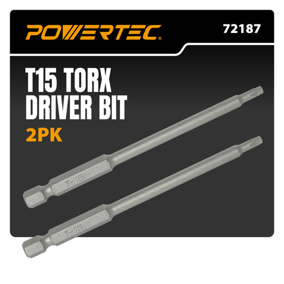 POWERTEC T15 Torx Driver Bit (2 Pack) - for Edge Deck Screws, 4 Inch Long, with Depth Stop, Compatible with Drills & Impact Drivers (72187)