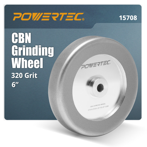 POWERTEC CBN Grinding Wheel 6 Inch 320 Grit, 1-1/4" Wide, 1/2" Arbor – 4-in-1 CBN Sharpening Wheel with 1/4" Radius Edge and Side Face for Bench Grinder (15708)