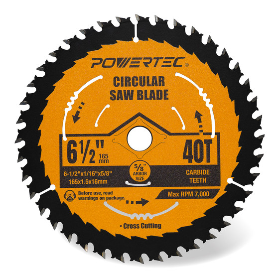 POWERTEC 6-1/2" Circular Saw Blade, 5/8" Arbor, 1/16" Kerf, 40-Tooth Carbide-Tipped Blade for Wood Cutting, Fine Crosscutting (14023)