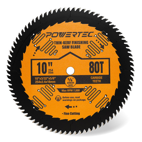 POWERTEC 10" Thin-Kerf Finishing Saw Blade, 5/8" Arbor, 3/32" Kerf, 80-Tooth Carbide-Tipped Blade for Table Saw on Wood, Plywood, Melamine & Laminate (14026)