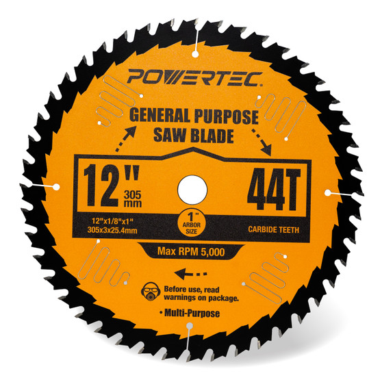 POWERTEC 12" Table Saw and Miter Saw Blade, 1" Arbor, 1/8" Kerf, 44-Tooth Carbide-Tipped Blade for General Purpose Cutting on Wood, Plywood, Melamine & Laminate (14028)