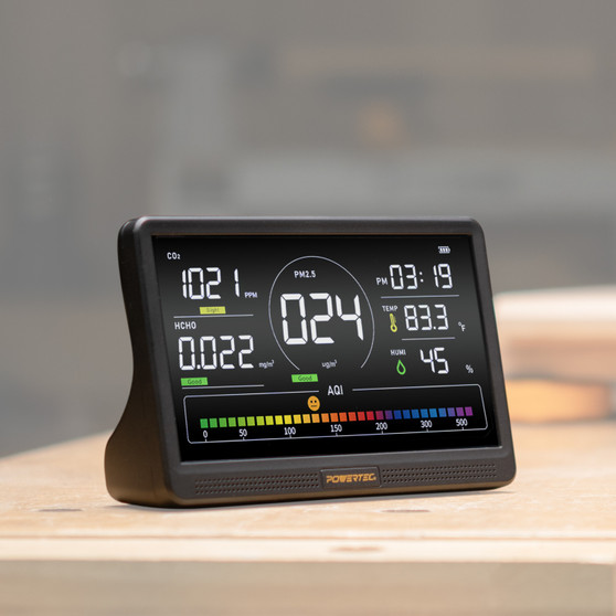 POWERTEC AD1001 Air Quality Monitor with 7” LCD Display – Multi-Sensor CO₂, PM2.5, PM10, HCHO, TVOC Detector, NDIR & Semiconductor Sensors, Rechargeable Indoor/Workshop Air Monitor 02