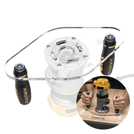 POWERTEC Dual Grip Router Base Plate 6” x 11” Clear Acrylic Large Sub Base with Predrilled Holes for DeWalt Compact Router DWP611 and DCW600B – For Dovetail Jig, Inlay Template & Edge Routing (72314) 01