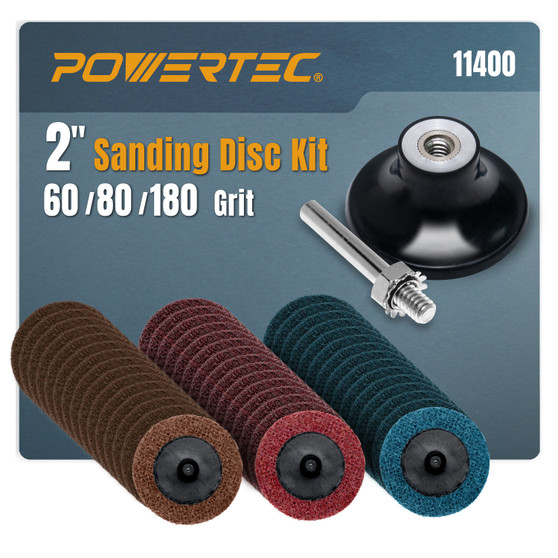 POWERTEC 2" Sanding Discs Set for Die Grinders & Drills, 46pc Set – Includes 60/80/180 Grit Quick-Change Discs, 1/4" Shank Holder & Surface Conditioning Pads, Aluminum Oxide Non-Woven Nylon (11400) 01