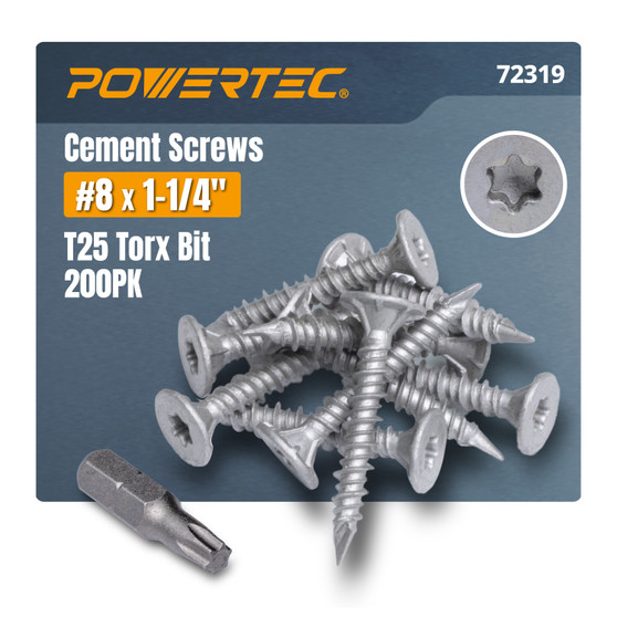 POWERTEC Cement Screws #8 x 1-1/4″, Ruspert Coated Concrete Screws with T25 Torx Star Drive Bit – High-Low Thread Masonry Screws for Cement Board, Concrete & Brick, 200-Pack (72319) 01