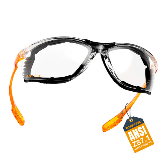 POWERTEC Safety Glasses ANSI Z87.1-2020, Clear Wraparound Protective Eyewear with Removable Foam Gasket, UV Protection for Construction, Woodworking & Jobsite Use (72317) 01