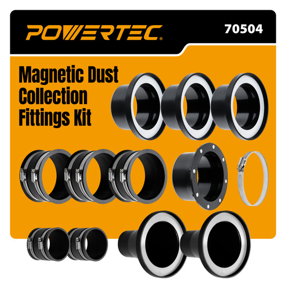 POWERTEC 4” Magnetic Dust Collection Fittings Complete Setup Kit for Dust Collectors, 5-Machine Connection Set for Quick-Connect 4” Hose to Woodworking Machine Ports (70504) 01