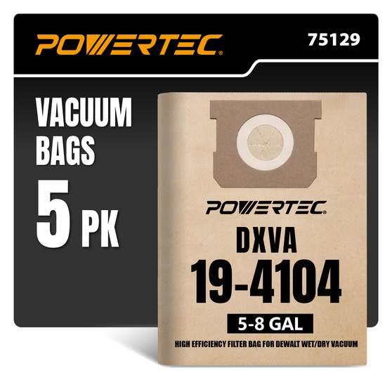 POWERTEC DXVA19-4104 Shop Vac Bags 5PK for Dewalt 5-8 Gallon Wet/ Dry Vacuums DXV05P-QT, DXV05S-QT, DXV06P-QT, DXV06PL, DXV08SA, Replacement Shop Vacuum Dust Collection Filter Bags (75129) 01