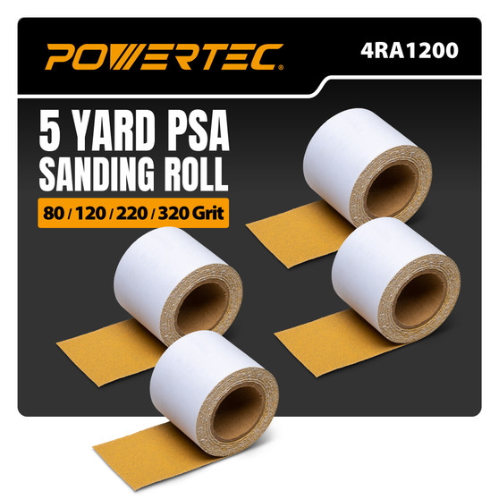 POWERTEC PSA Sandpaper Roll Set, 2-3/4" x 20 Yards (80/120/220/320 Grit, 5 Yards Each), Adhesive Backed Longboard Sanding Roll for Woodworking, Automotive, Air File & Hand Sanding Blocks (4RA1200) 01