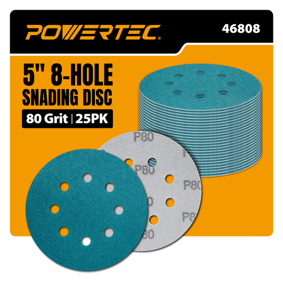 POWERTEC 5-Inch 8-Hole Hook & Loop Wet Dry Sanding Discs, 25PK 80 Grits, Aluminum Oxide with Zirconia, Film Backing Sandpaper for Orbital Sander, Wood, Metal, & Automotive (46808) 01