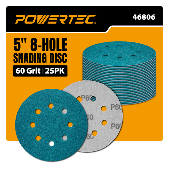 POWERTEC 5-Inch 8-Hole Hook & Loop Wet Dry Sanding Discs, 25PK 60 Grits, Aluminum Oxide with Zirconia, Film Backing Sandpaper for Orbital Sander, Wood, Metal, & Automotive (46806) 01