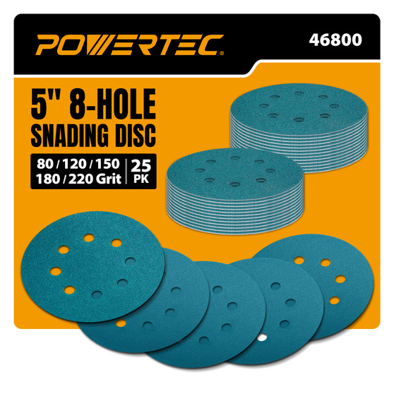 POWERTEC 5-Inch 8-Hole Hook & Loop Wet Dry Sanding Discs, 25PK Assorted Grits (80/120/150/180/220), Aluminum Oxide with Zirconia, Film Backing Sandpaper for Wood, Metal, & Automotive (46800) 01
