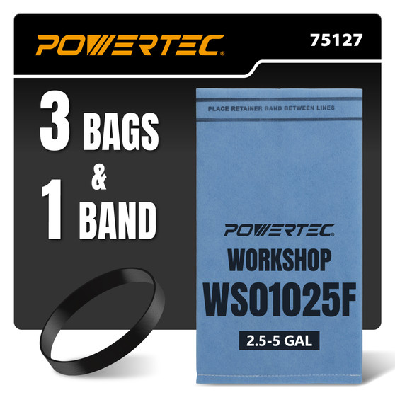 POWERTEC 3 Pack WS01025F Wet Dry Vacuum Filter Bags for WORKSHOP WS0255VA and Select 2.5 to 5 Gallon Shop Vac, Replacement Filter Bags with Retainer Band for WORKSHOP Wet/Dry Vacuums (75127) 01