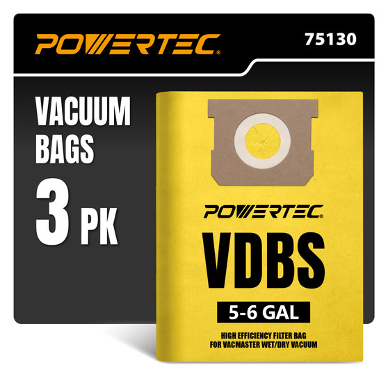 POWERTEC VDBS Shop Vac Bags 3 Pack for Vacmaster 5-6 Gallon Wet/Dry Vacuums & Professional Beast Series VFB511B 0201, Replacement Shop Vac Dust Bags for Major Brands 5-6 Gal. Vacuum Cleaners (75130) 01