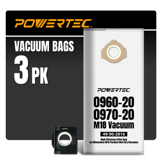 POWERTEC 3 Pack 49-90-2016 Fleece Dust Bag for Milwaukee 0970-20 M18 PACKOUT & 0960-20, 0960-21 M12 FUEL 1.6 Gallon Wet/Dry Vacuum, Replacement Shop Vacuum Dust Collection Filter Bags (75131) 01