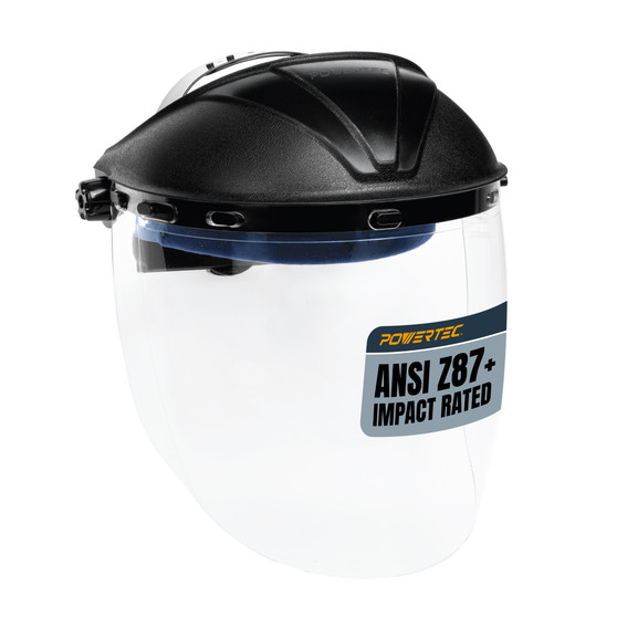 POWERTEC Adjustable Face Shield, ANSI Z87+ High Impact Rated, Anti-Fog Clear Polycarbonate Visor, Ratcheting Headgear with Flip-Up Design & Sweatband - Grinding, Woodworking, Yard & Shop Work (72428) 01