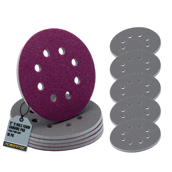 POWERTEC 5 Inch 8 Hole Foam Sanding Discs, P120-P180 Grit Hook & Loop Flexible Cushion Sandpaper for Curves, Contours & Rounded Edges, Wet/Dry Orbital Sander Pads, 10 Pack (46810) 1