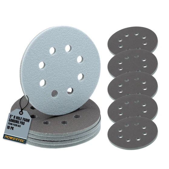 POWERTEC 5 Inch 8 Hole Foam Sanding Discs, P240-P320 Grit Hook & Loop Flexible Cushion Sandpaper for Curves, Contours & Rounded Edges, Wet/Dry Orbital Sander Pads, 10 Pack (46811) 1