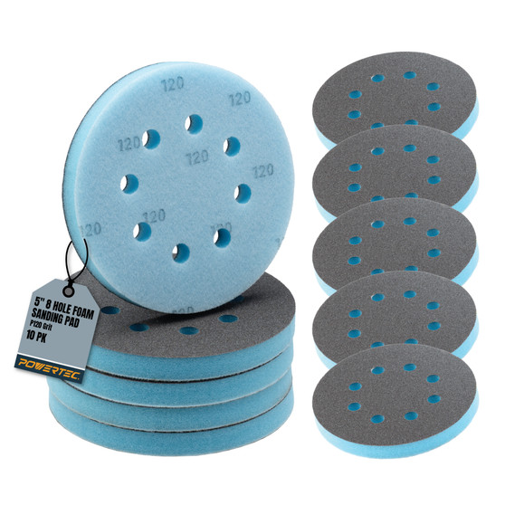 POWERTEC 5 Inch 8 Hole Foam Sanding Discs, P120 Grit Hook & Loop Flexible Cushion Sandpaper for Curves, Contours & Rounded Edges, Wet/Dry Orbital Sander Pads, 10 Pack (46812) 1
