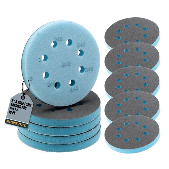 POWERTEC 5 Inch 8 Hole Foam Sanding Discs, P240 Grit Hook & Loop Flexible Cushion Sandpaper for Curves, Contours & Rounded Edges, Wet/Dry Orbital Sander Pads, 10 Pack (46813) 1