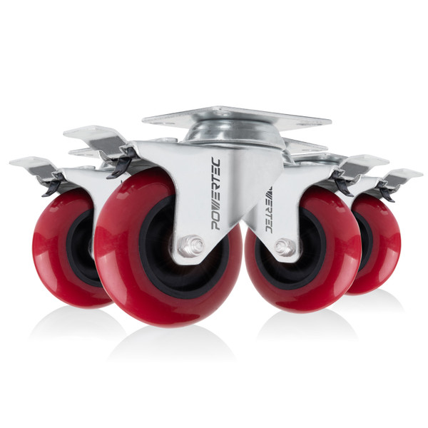 17205 3" Swivel Double Locking Polyurethane Plate Casters, Red, 4PK - POWERTEC Woodworking Tools & Accessories