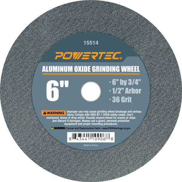 Aluminum Oxide Grinding Wheel 6" by 3/4" Disc with Arbor 1/2" Grit 36, 60, 80, 100, 150 | POWERTEC-Woodworking Tools & Accessories01