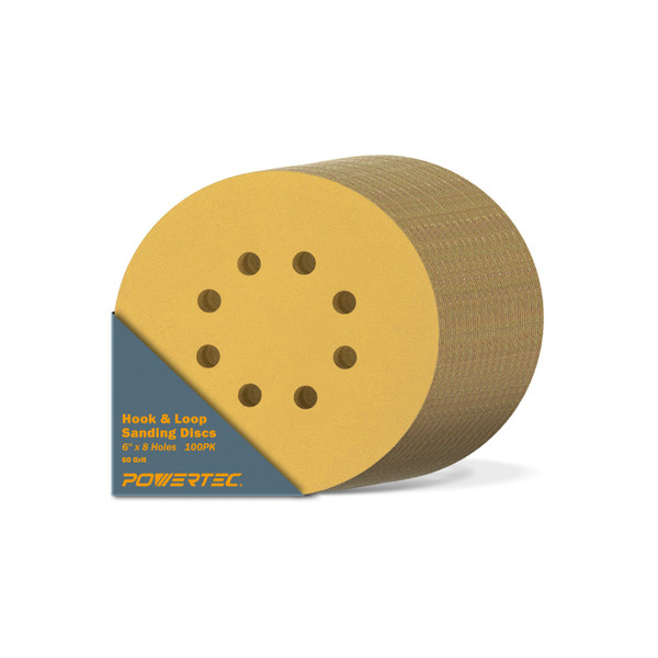 44206G-50-P2 6" 8 Hole 60 Grit Hook and Loop Sanding Discs - Gold, 100PK