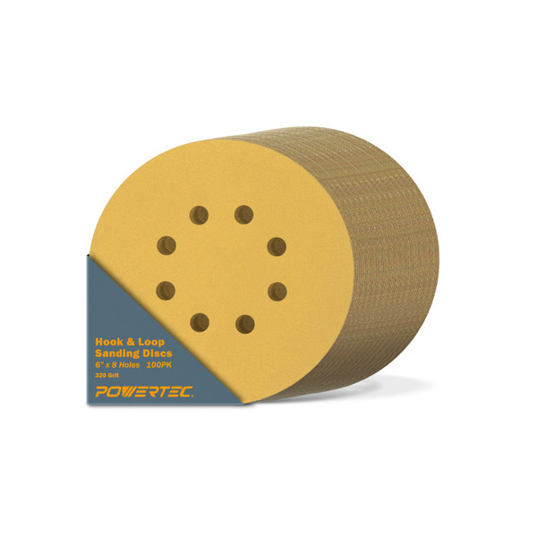 44232G-50-P2 6" 8 Hole 320 Grit Hook and Loop Sanding Discs - Gold, 100PK