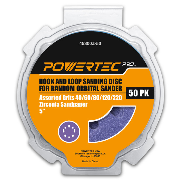 POWERTEC 50PK, 5 Inch Sanding Discs Hook and Loop, 40/60/80/120/220 Grit, Zicronia Orbital Sander Sandpaper for 5 & 8 Hole Random Orbital Sanders - Automotive, Paint, Metal, Woodworking (45300Z-50)