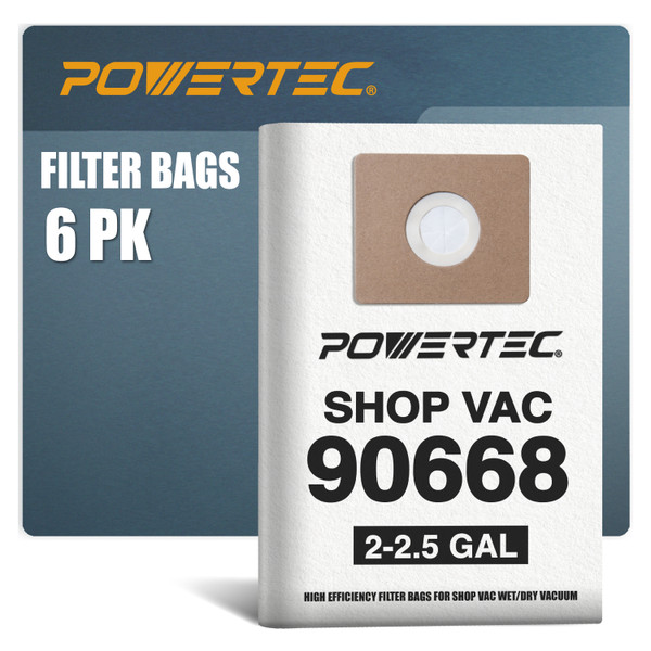 POWERTEC Shop Vac Bags 6PK for Shop Vac 90668 2-2.5 Gallon Shop Vacuum, Replacement Filter Bags for Shop Vac Type B 9066833 Wet/Dry Vac Dust Collection Bags, Shop Vac Accessories for Shop Vac (75078)
