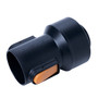 Close-up of POWERTEC dust collection quick-change adapter showing rotating front end for tangle-free hose movement