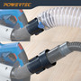 POWERTEC 70479 quick-change dust collection fitting connected to shop vacuum hose for woodworking dust extraction