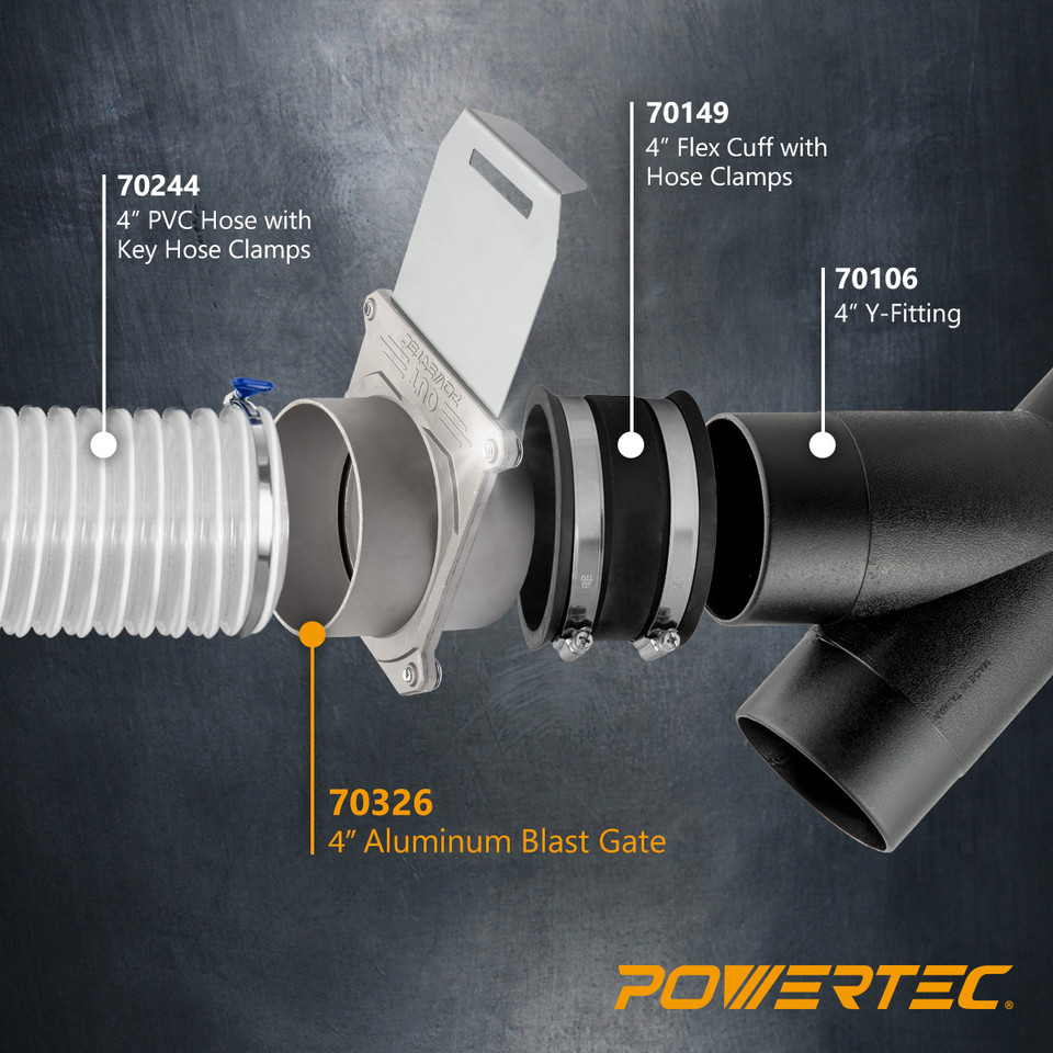 POWERTEC 70326 Aluminum Blast Gate 4 Inch, w/ Anti Clog and Air Leak Seal for Dust Collection