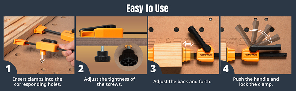 POWERTEC 72240 Bench Dog Clamps w/Bench Dogs for 3/4" Dog Holes | 2PCs Quick Clamp and Release Wood Clamps with 176lbs Clamping Force, 8PCs Durable Bench Dogs with Grommet Bench Brake Inserts 01