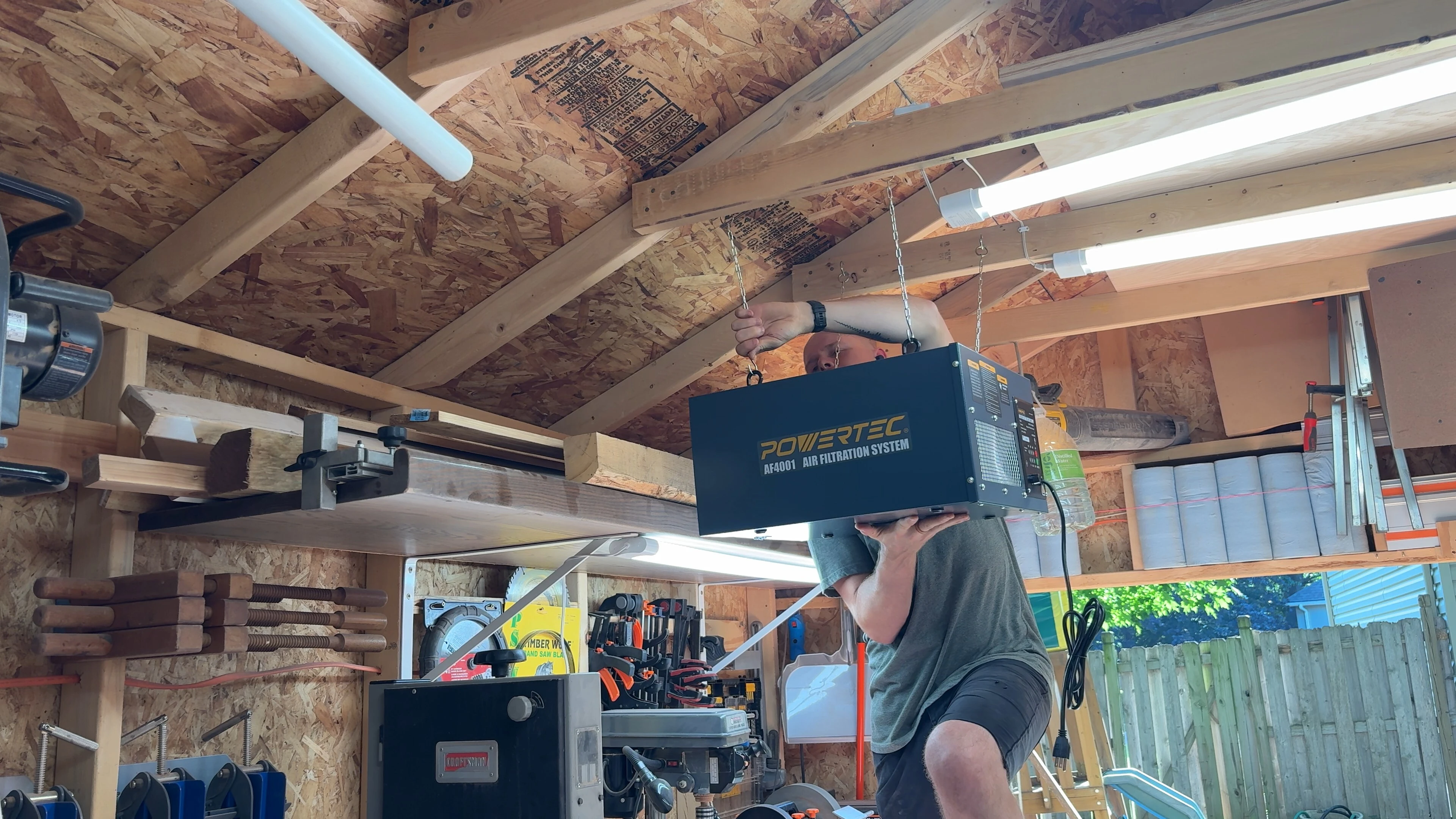 POWERTEC AF4001 air filtration system mounted in Chandler's workshop