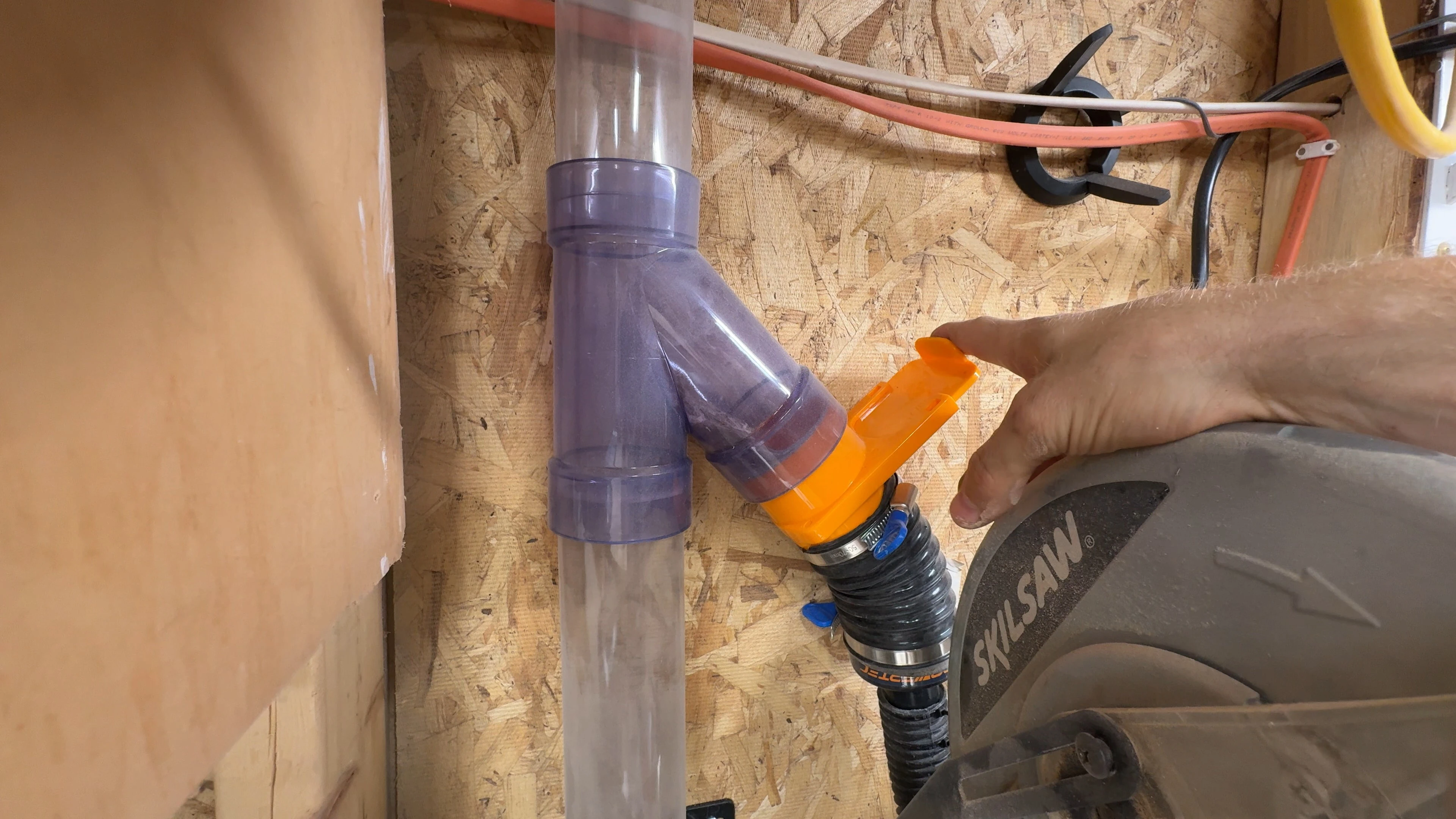 Blast gate on a branch of the 2.5 inch dust collection piping in Chandler's shop