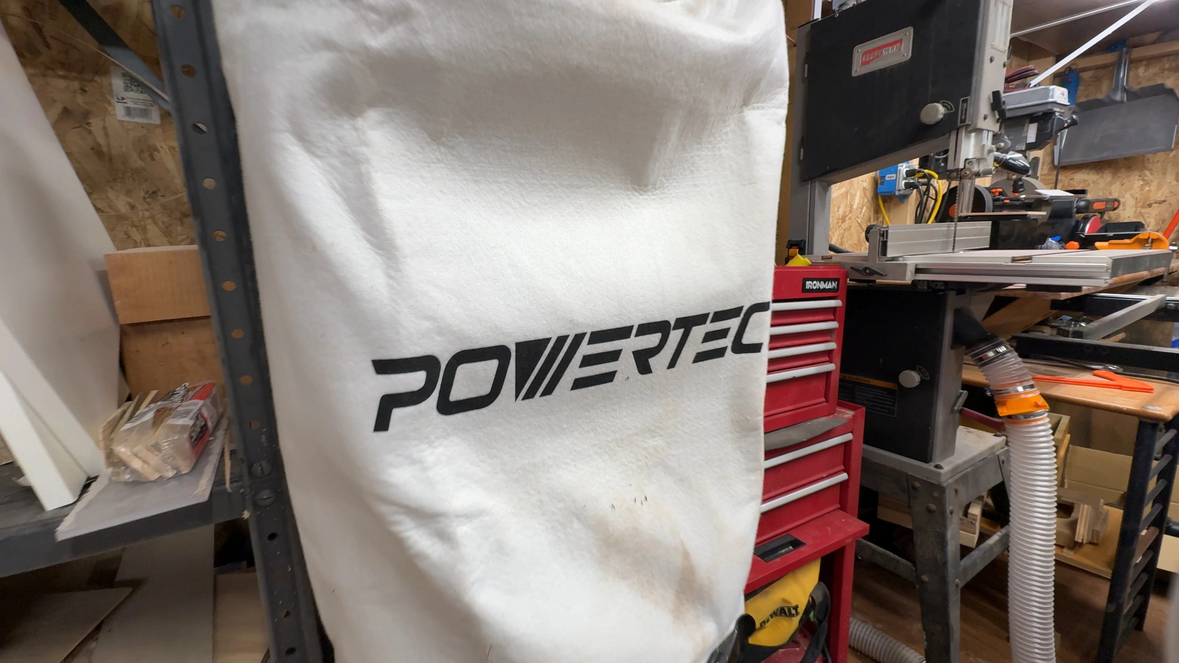 Chandler's centralized dust collection network running through his 12 by 20 shop