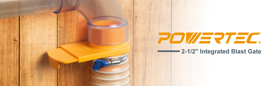 2-1/2 inch integrated blast gate installed in woodworking dust collection system