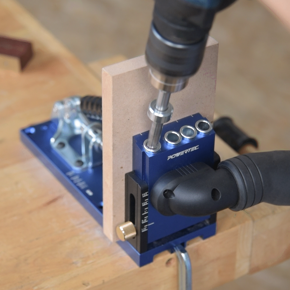 POWERTEC pocket hole jig clamped to wood panel board being drilled demonstration