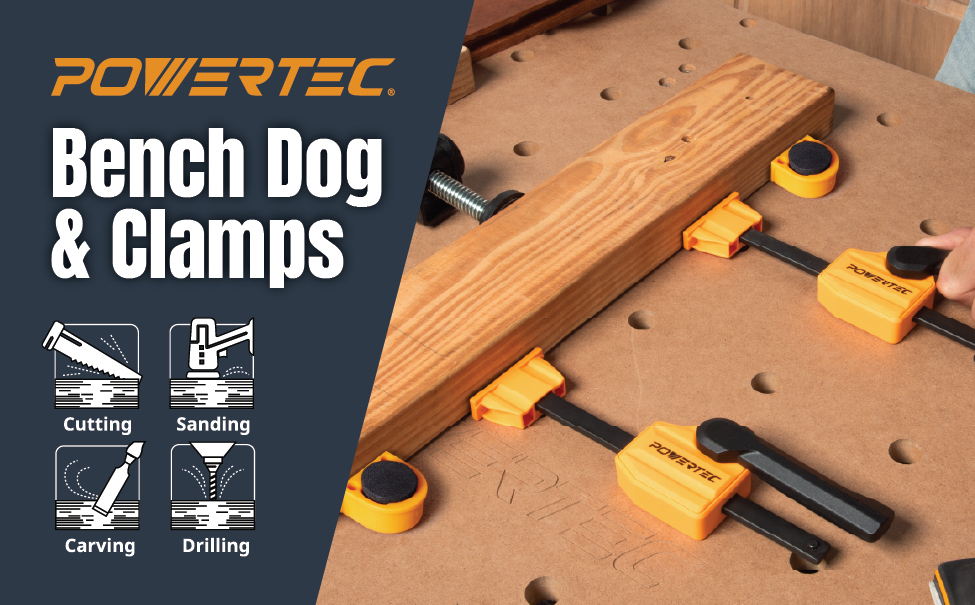 POWERTEC 72240 Bench Dog Clamps w/Bench Dogs for 3/4" Dog Holes | 2PCs Quick Clamp and Release Wood Clamps with 176lbs Clamping Force, 8PCs Durable Bench Dogs with Grommet Bench Brake Inserts