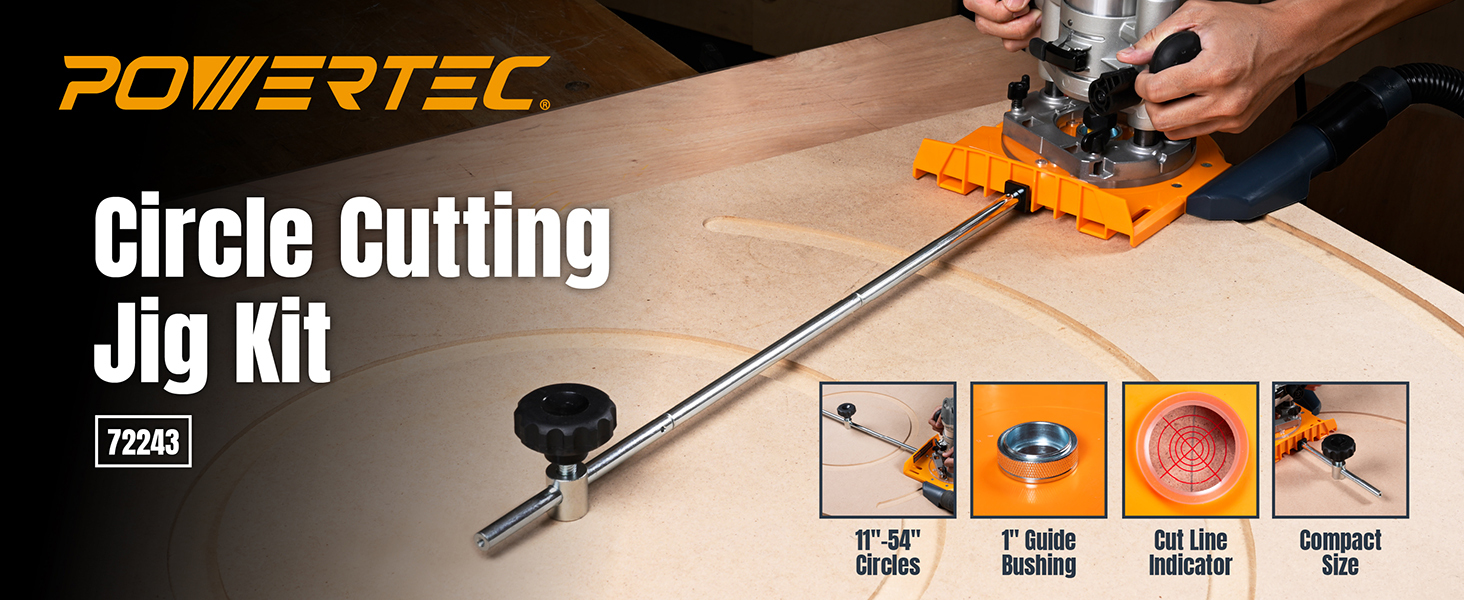 POWERTEC 72243 router circle cutting jig setup with plunge router cutting circular wood panel