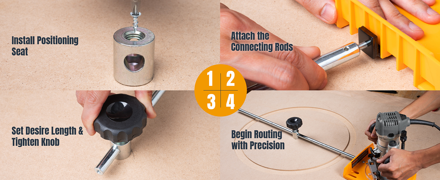 Close-up of POWERTEC router circle jig base with dust port and guide bushing installed
