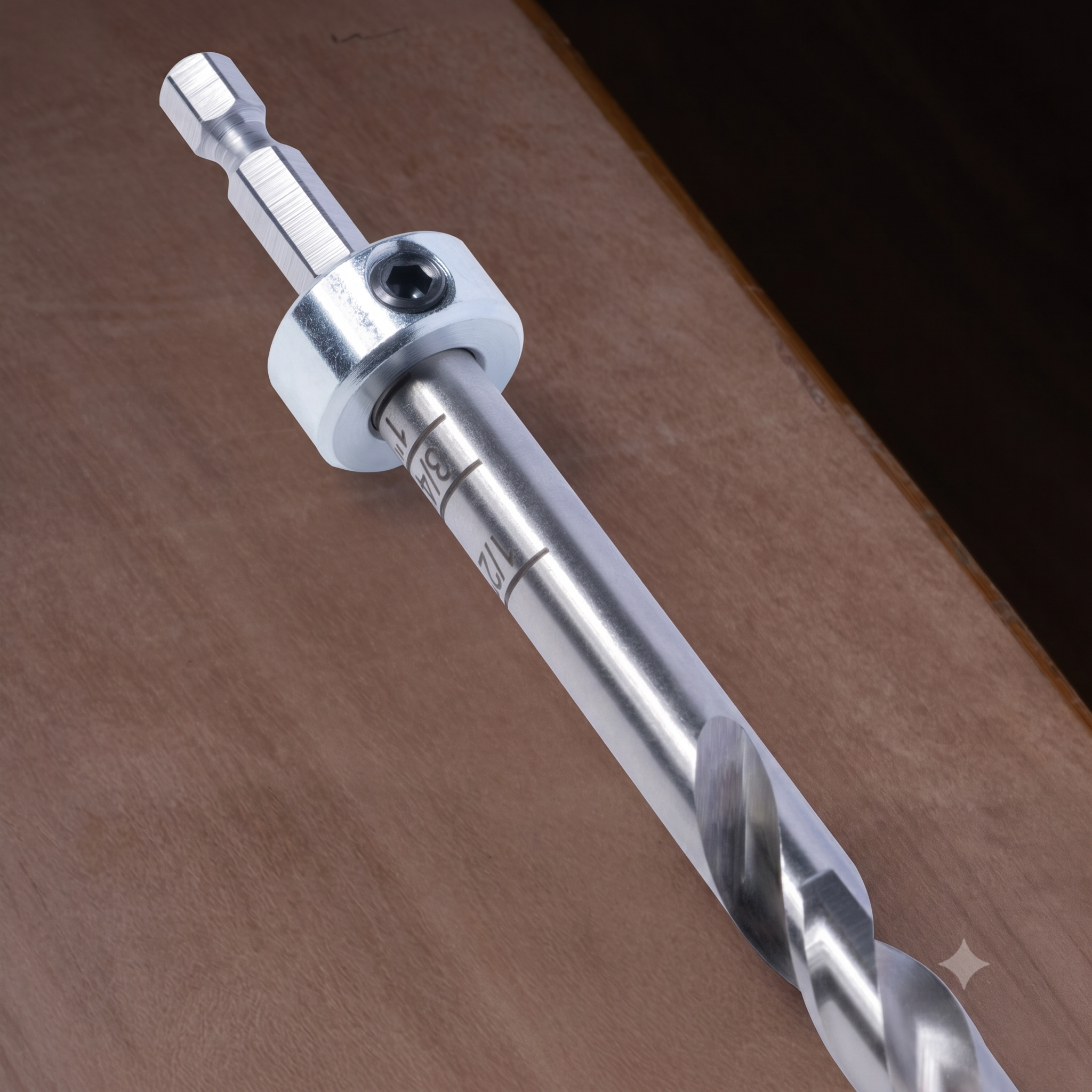 POWERTEC pocket step drill bit close-up showing laser engraved thickness index marks