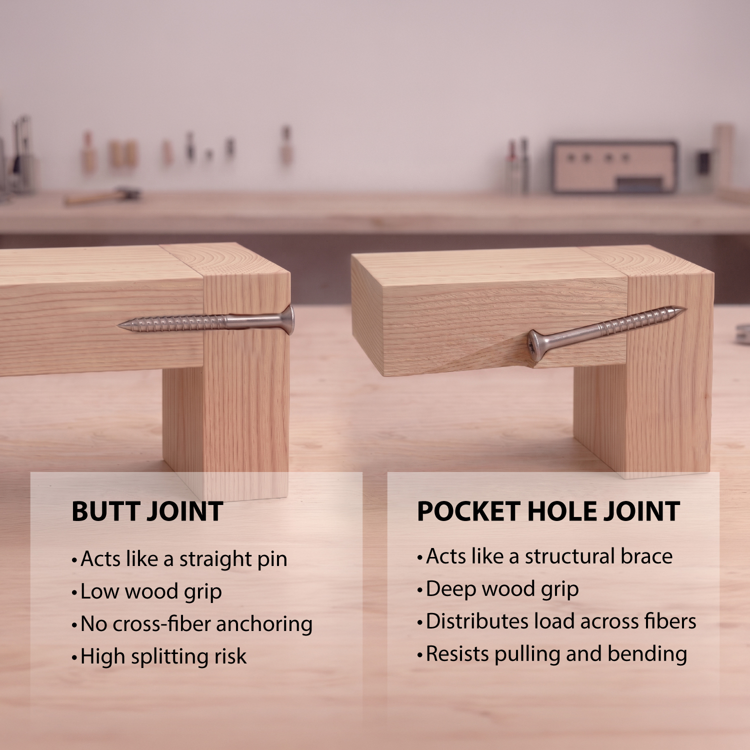 Butt joint versus pocket hole joint comparison showing screw angle and joint strength differences
