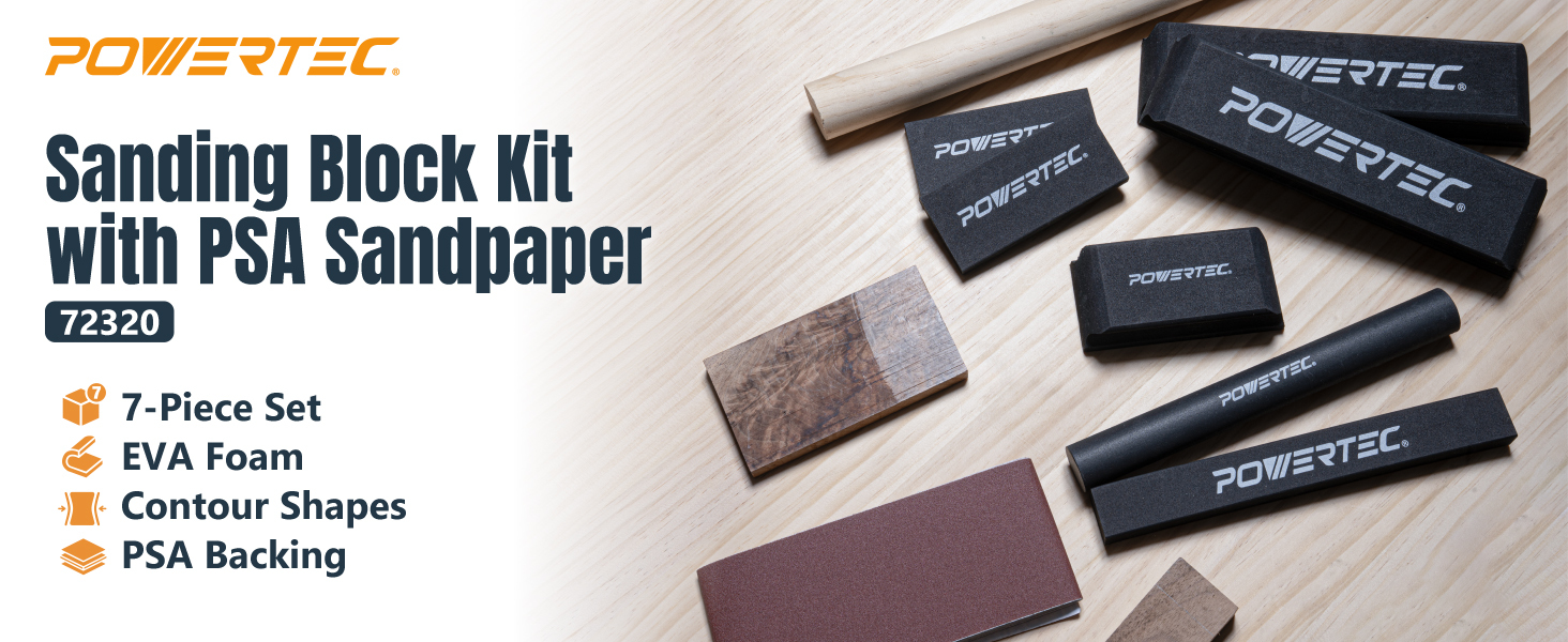 POWERTEC Sanding Block Kit with PSA Sandpaper – 7 Piece Flexible EVA Foam Wet/Dry Sanding Blocks for Auto Body, Woodworking & Crafts (72320)