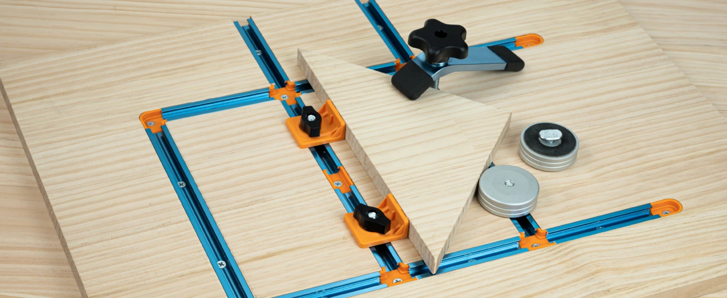 T-track accessories and drop-in fittings for woodworking jigs and tables